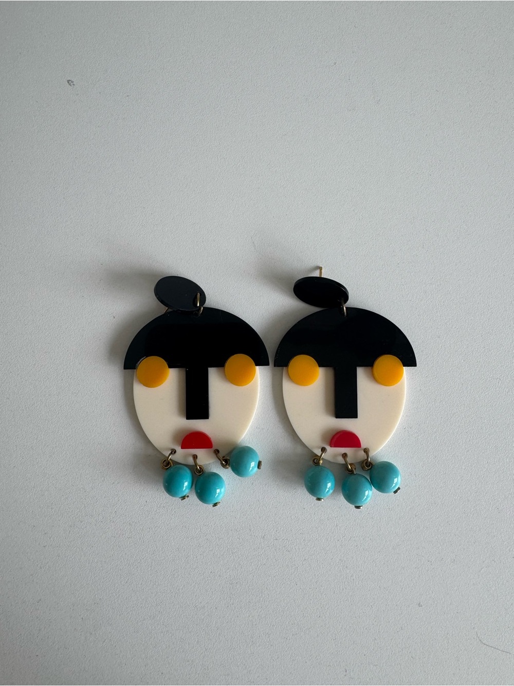 Modern Abstract Face Drop Earrings - Black, White, Yellow & Turquoise